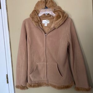 Tan microfiber hooded zi up jacket